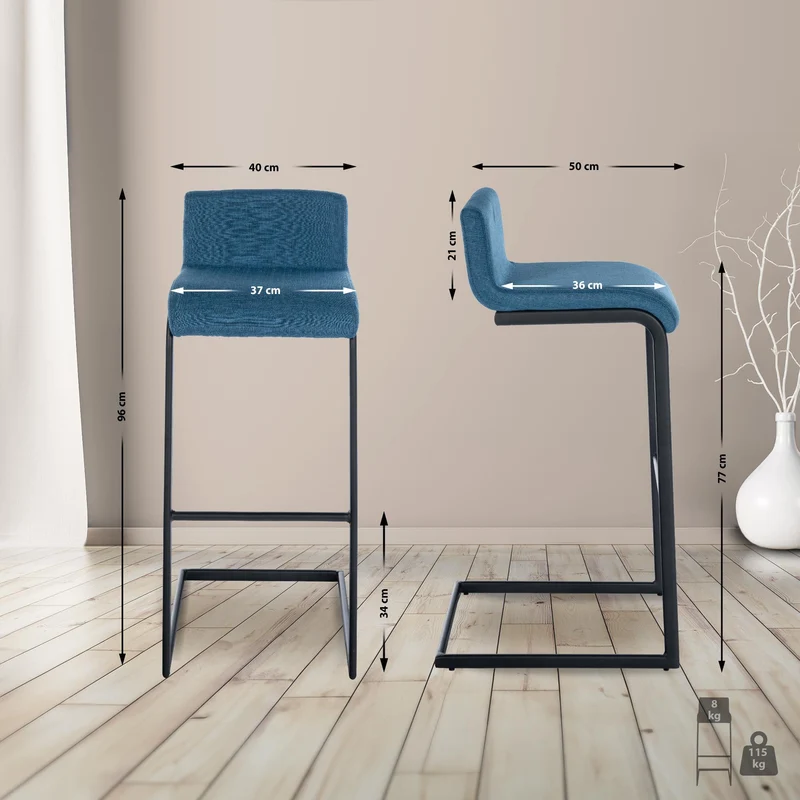 Tabouret de bar x1 design minimaliste assise en tissu bleu piètement en U métal noir repose-pieds 10_0006278