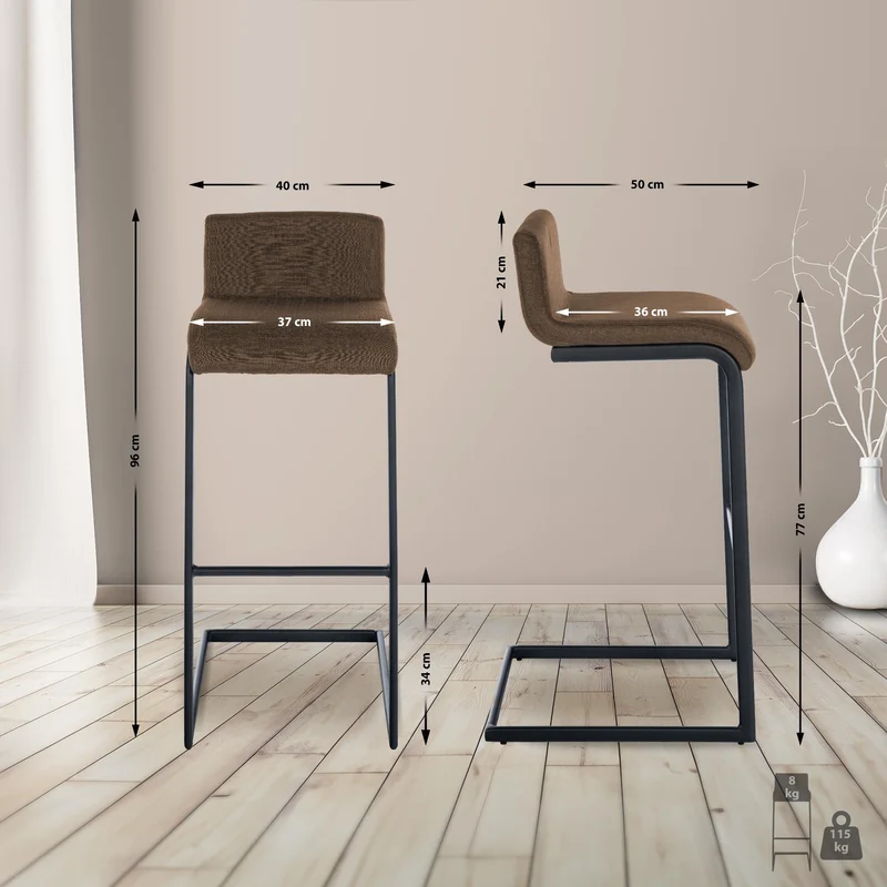 Tabouret de bar x1 design minimaliste assise en tissu marron piètement en U métal noir repose-pieds 10_0006214