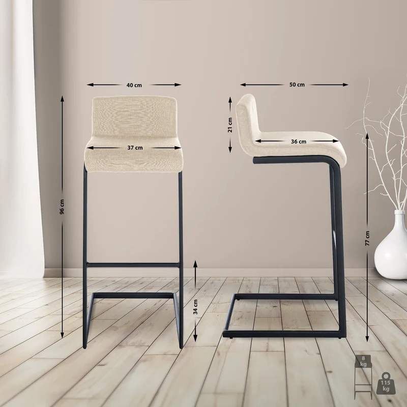 Tabouret de bar x1 design minimaliste assise en tissu crème piètement en U métal noir repose-pieds 10_0006095