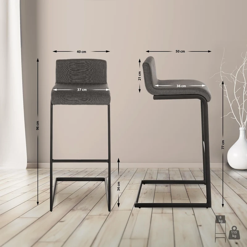 Tabouret de bar x1 design minimaliste assise en tissu gris foncé piètement en U métal noir repose-pieds 10_0006094