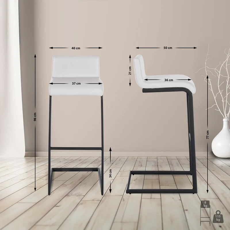 Tabouret de bar x1 design minimaliste assise en PVC blanc piètement en U métal noir repose-pieds 10_0006093