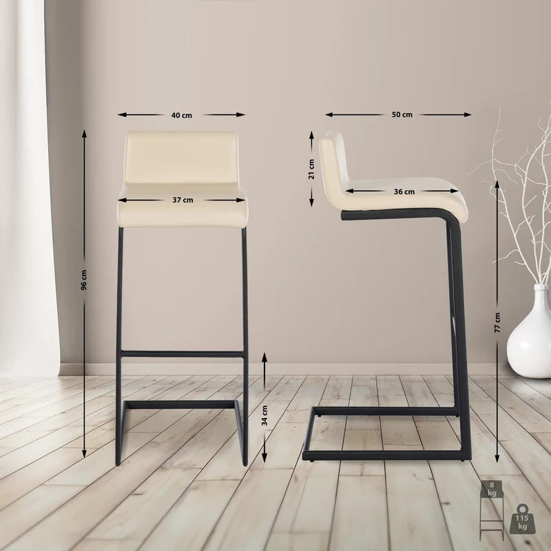 Tabouret de bar x1 design minimaliste assise en PVC crème piètement en U métal noir repose-pieds 10_0006083