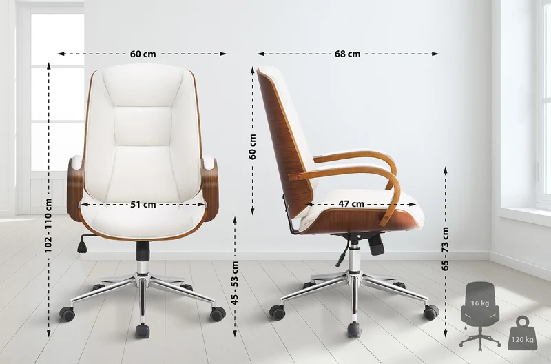 Fauteuil de bureau sur roulettes avec accoudoirs similicuir blanc structure en bois courbé et métal 10_0007027