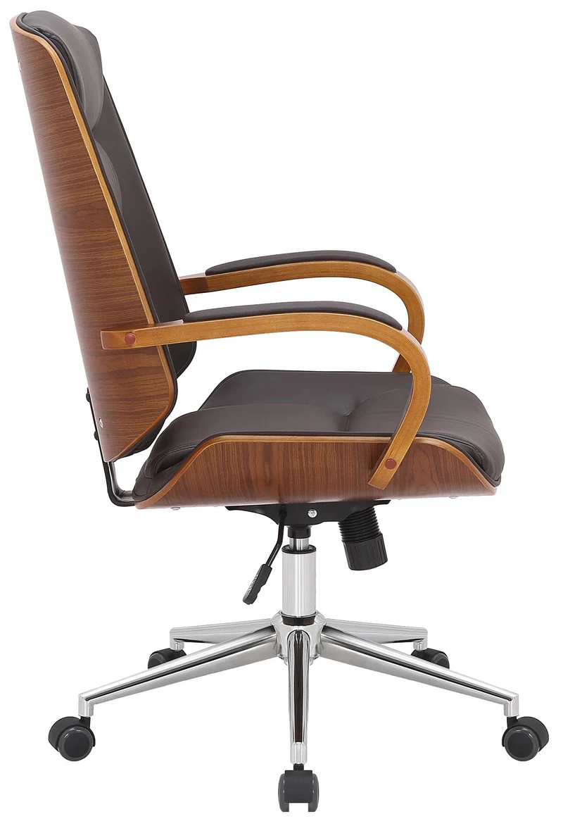 Fauteuil de bureau sur roulettes avec accoudoirs similicuir marron structure en bois courbé et métal 10_0006979