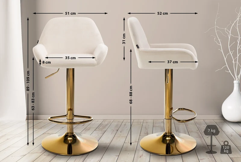 Lot de 2 tabourets de bar repose-pieds intégré revêtement velours crème structure en métal doré TDB10737
