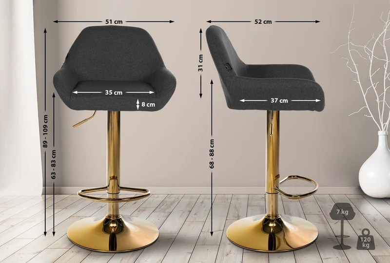 Lot de 2 tabourets de bar repose-pieds en forme d'arc en métal doré assise en tissu noir TDB10795