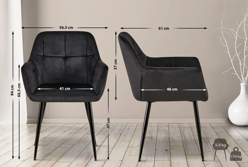 Lot de 2 chaises de salle à manger design retro coutures décoratives en carrées assise en velours noir 10_0001538