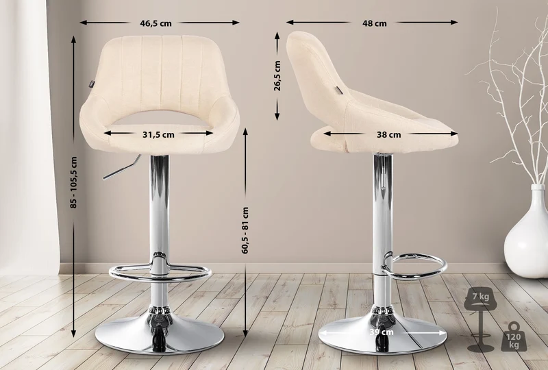 Tabouret de bar x1 avec repose-pieds pivotant et réglable en tissu crème et métal 10_0005218