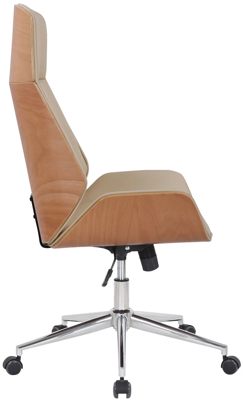 Fauteuil de bureau dossier haut avec roulettes synthétique crème et bois clair hauteur réglable BUR10458