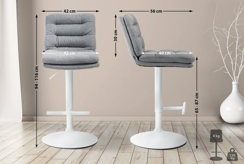 Lot de 2 tabourets de bar avec repose-pieds et dossier assise rembourré en tissu gris et métal blanc 10_0006757