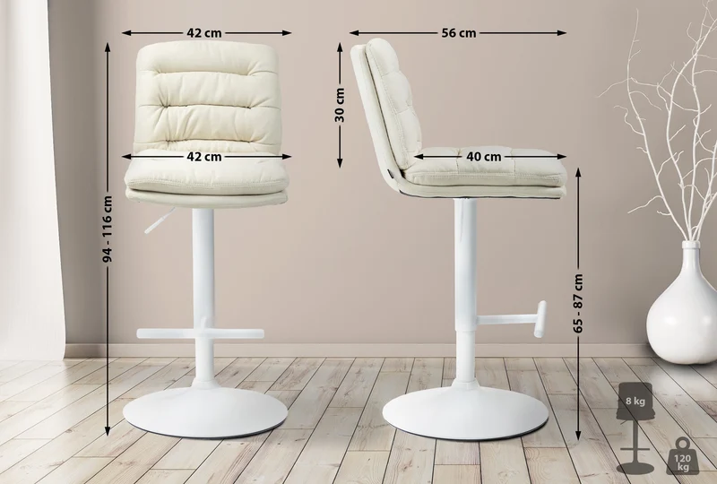 Lot de 2 tabourets de bar avec repose-pieds et dossier assise rembourré en tissu crème et métal blanc 10_0006755
