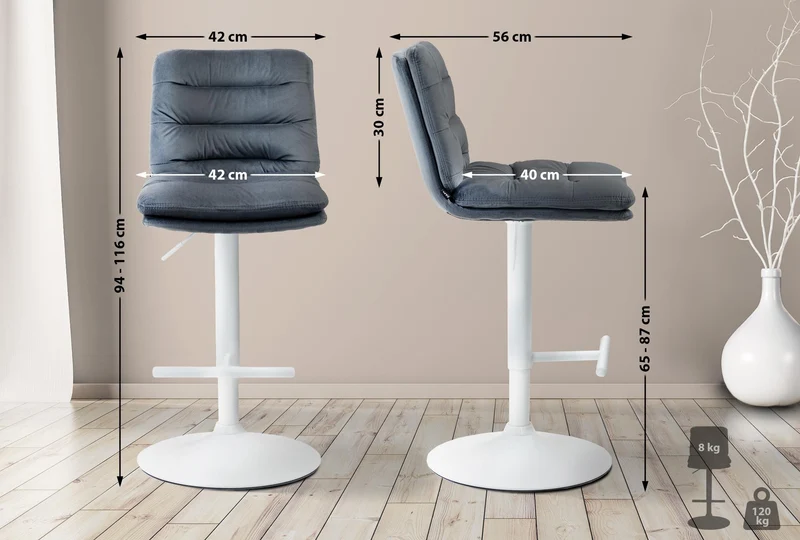 Lot de 2 tabourets de bar avec repose-pieds et dossier assise rembourré en velours gris foncé et métal blanc 10_0006751
