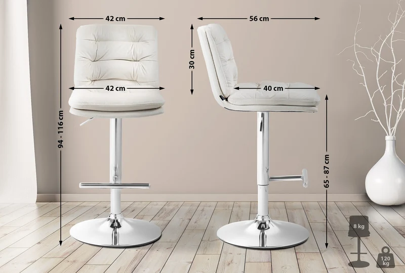 Lot de 2 tabourets de bar avec repose-pieds et dossier assise rembourré en velours crème et métal chromé 10_0006597