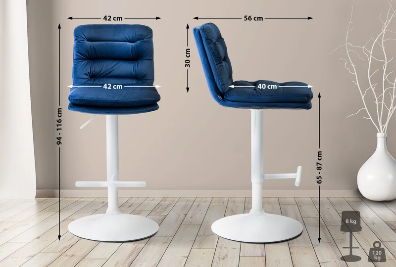 Tabouret de bar x1 repose-pieds et dossier assise rembourré en velours bleu et métal blanc 10_0006497