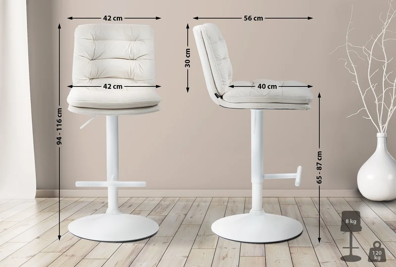 Tabouret de bar x1 repose-pieds et dossier assise rembourré en velours crème et métal blanc 10_0006496