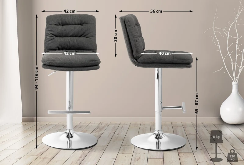 Tabouret de bar x1 repose-pieds et dossier assise rembourré en tissu gris foncé et métal chromé 10_0006283