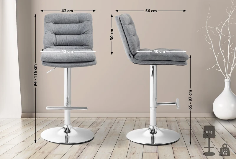 Tabouret de bar x1 repose-pieds et dossier assise rembourré en tissu gris et métal chromé 10_0006212