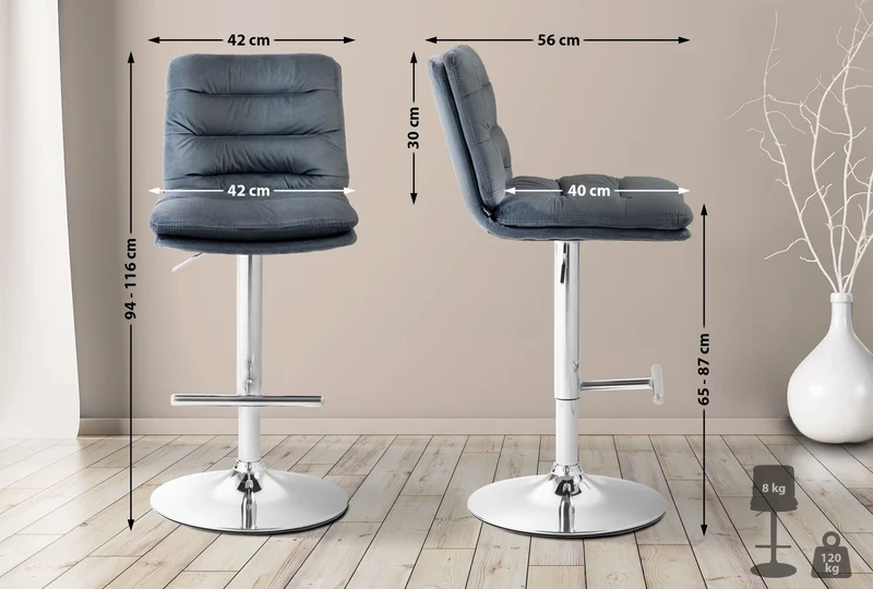 Tabouret de bar x1 repose-pieds et dossier assise rembourré en velours gris foncé et métal chromé 10_0006092