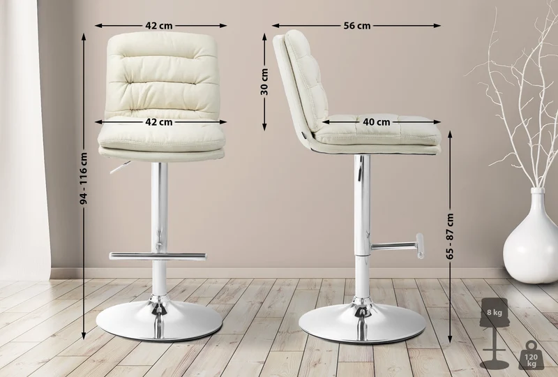 Tabouret de bar x1 repose-pieds et dossier assise rembourré en tissu crème et métal chromé 10_0006058