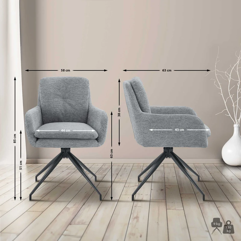 Lot de 2 chaises de salle à manger fonction pivotante confortable et moderne en tissu gris cadre métal 10_0006561