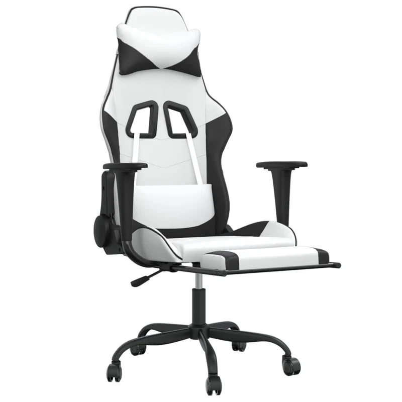 Fauteuil de bureau chaise gaming avec coussin lombaire fonction de massage avec repose-pieds en PVC blanc et noir DEC025830