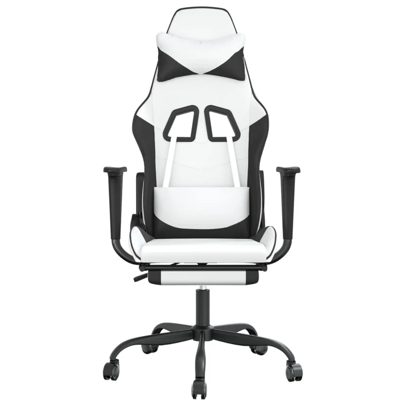 Fauteuil de bureau chaise gaming avec coussin lombaire fonction de massage avec repose-pieds en PVC blanc et noir DEC025830
