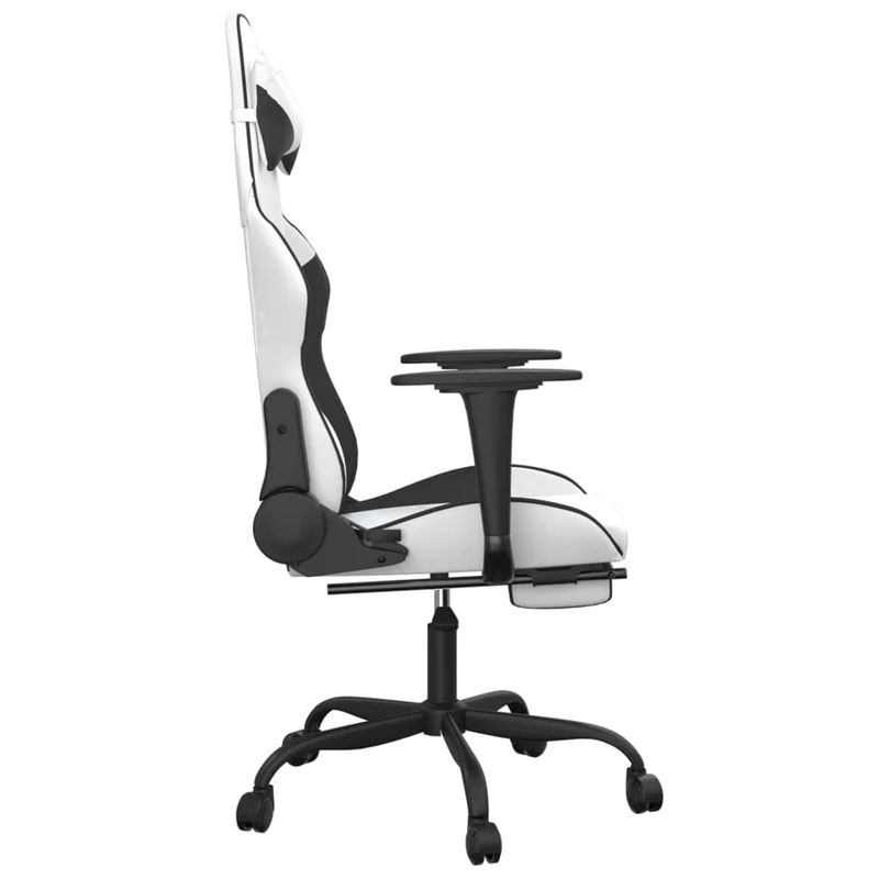 Fauteuil de bureau chaise gaming avec coussin lombaire fonction de massage avec repose-pieds en PVC blanc et noir DEC025830