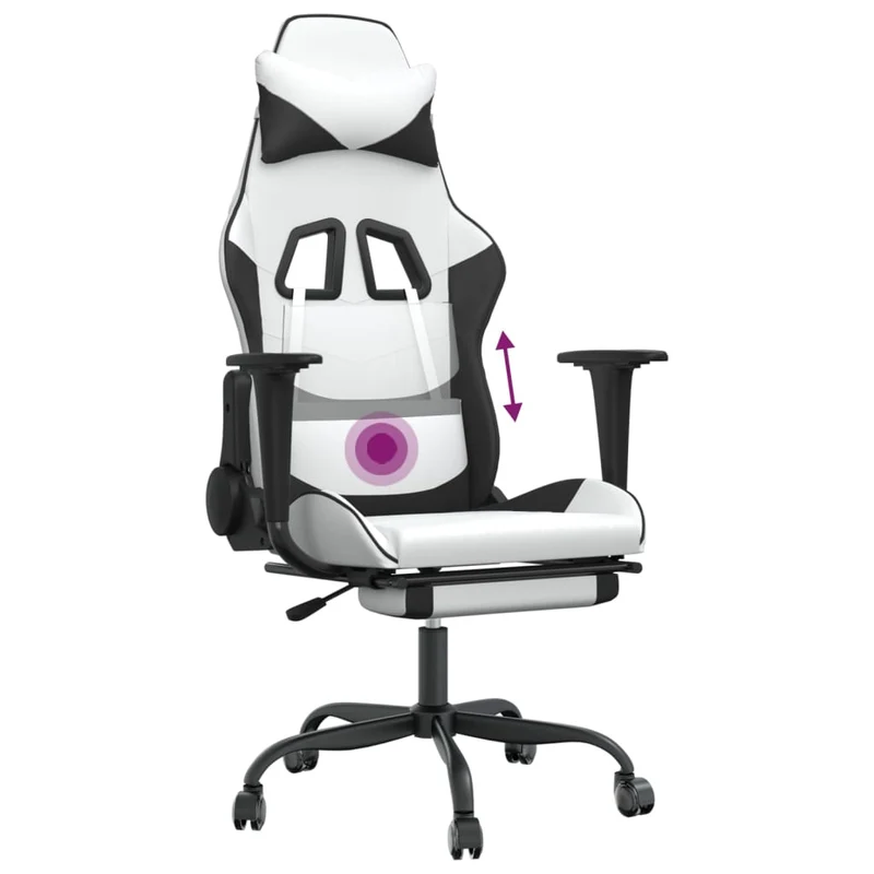 Fauteuil de bureau chaise gaming avec coussin lombaire fonction de massage avec repose-pieds en PVC blanc et noir DEC025830