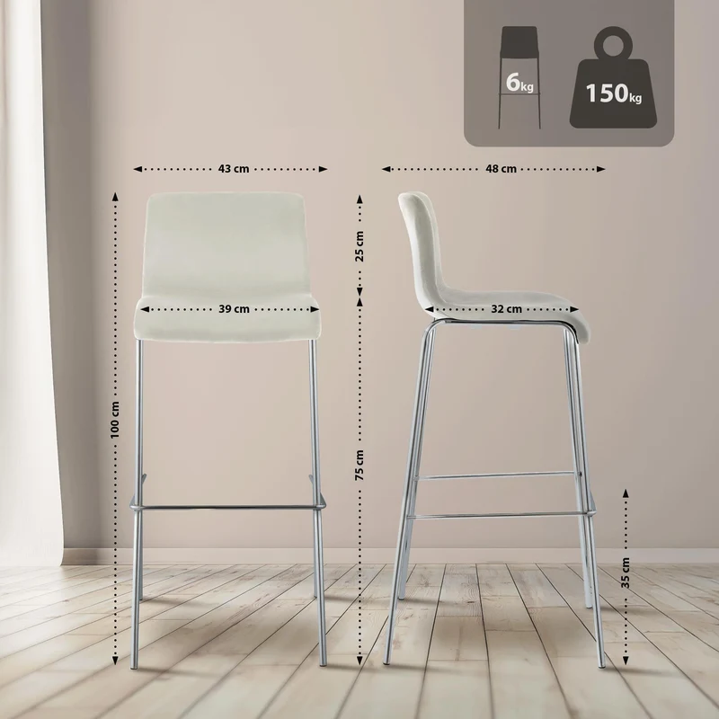 Tabouret de bar x1 dossier bas 4 pieds en métal chromé assise en velours crème 10_0005826