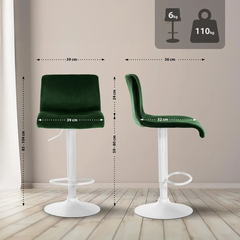 Tabouret de bar x1 repose-pieds hauteur réglable dossier bas en velours vert cadre métal blanc 10_0005952