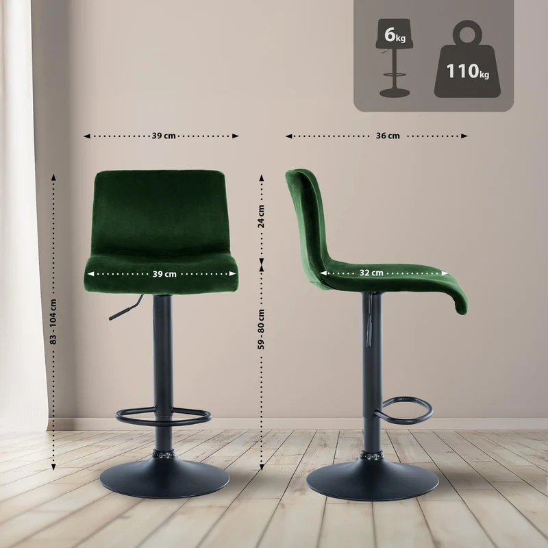 Tabouret de bar x1 repose-pieds hauteur réglable dossier bas en velours vert cadre métal noir 10_0005948