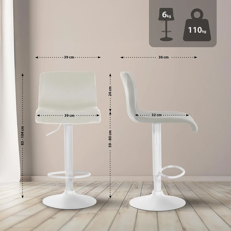 Tabouret de bar x1 repose-pieds hauteur réglable dossier bas en velours crème cadre métal blanc 10_0005831