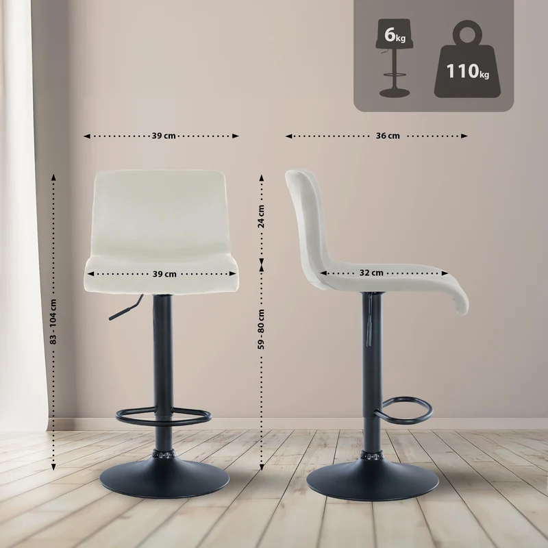 Tabouret de bar x1 repose-pieds hauteur réglable dossier bas en velours crème cadre métal noir 10_0005827