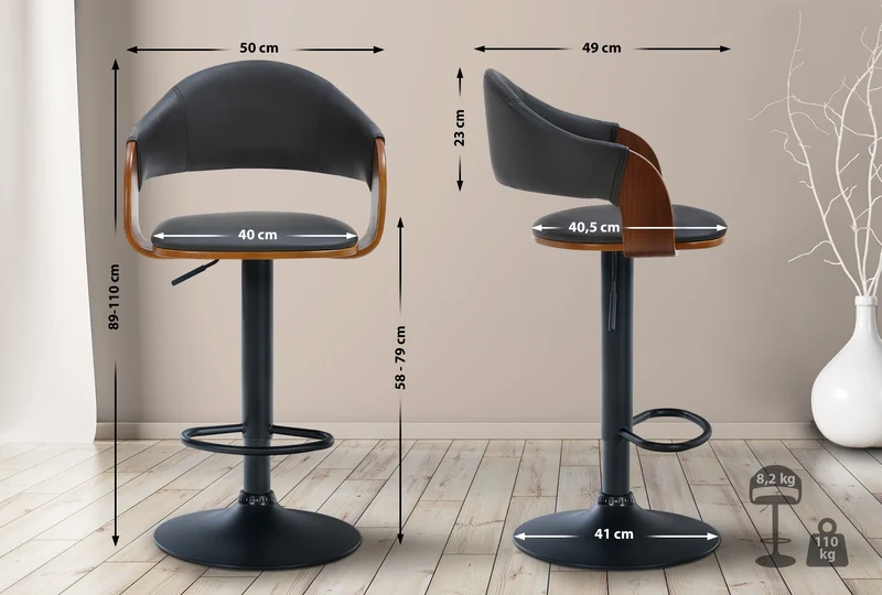 Lot de 2 tabourets de bar design rétro chic assise en PVC noir et bois noyer piètement en métal noir 10_0005877