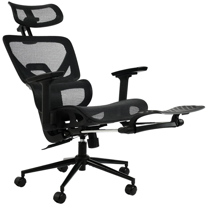 Chaise de bureau ergonomique sur roulettes avec appui-tête réglable repose-pieds en tissu noir 10_0006906