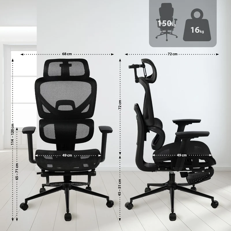 Chaise de bureau ergonomique sur roulettes avec appui-tête réglable repose-pieds en tissu noir 10_0006906