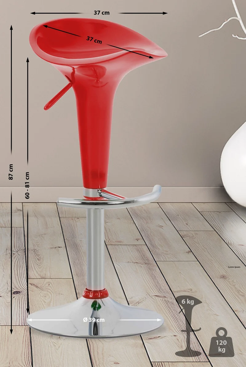 Tabouret de bar chaise haute x1 hauteur réglable style contemporain – assise plastique rouge brillant 10_0006059