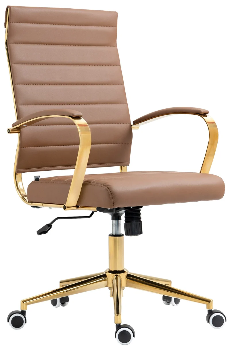 Fauteuil de bureau sur roulettes avec dossier à coutures horizontales PVC marron clair et cadre métal doré 10_0006923