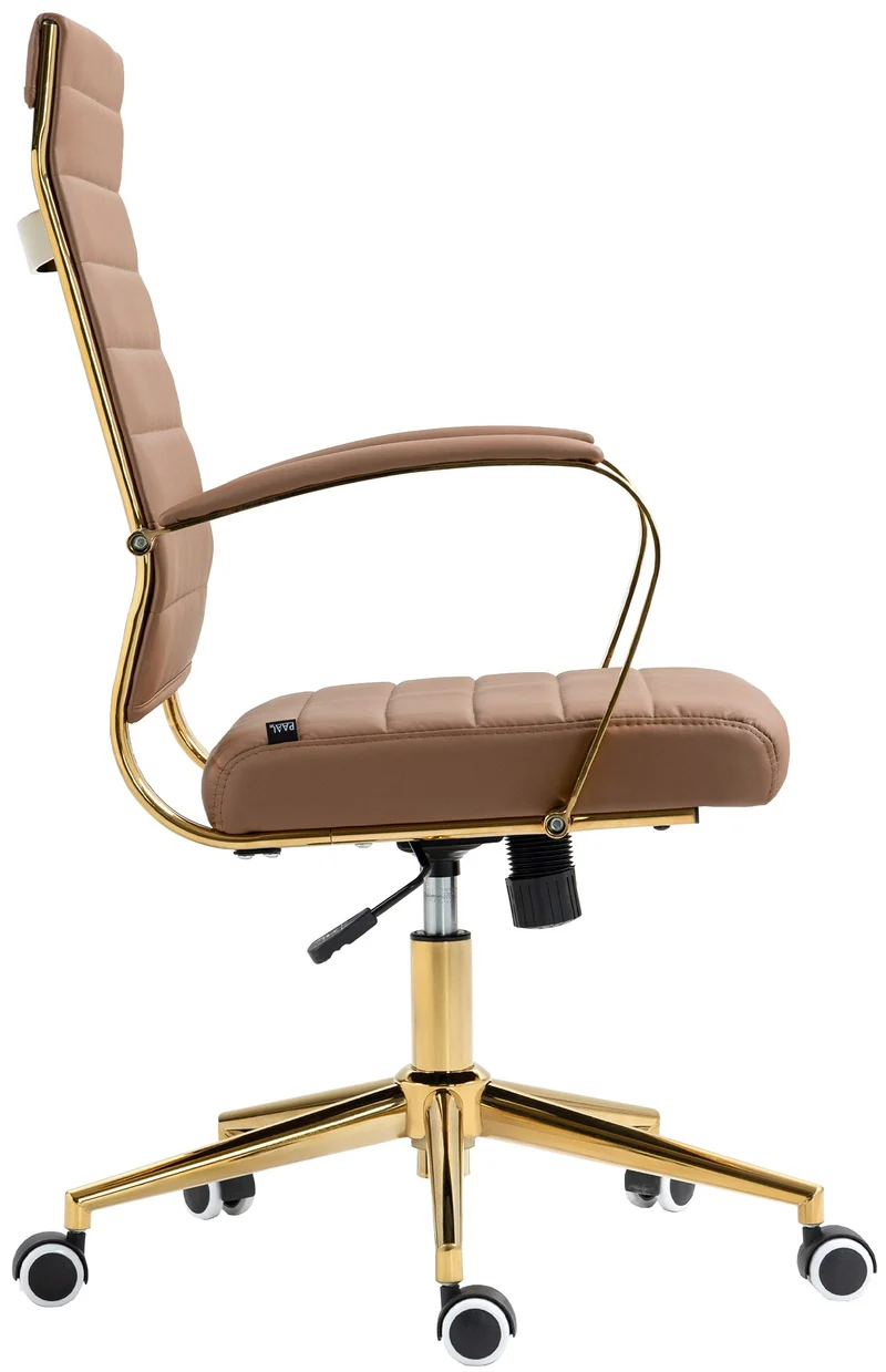 Fauteuil de bureau sur roulettes avec dossier à coutures horizontales PVC marron clair et cadre métal doré 10_0006923