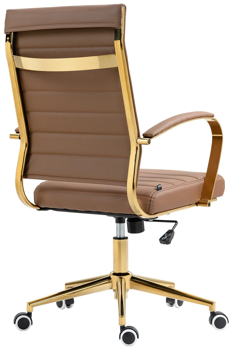 Fauteuil de bureau sur roulettes avec dossier à coutures horizontales PVC marron clair et cadre métal doré 10_0006923