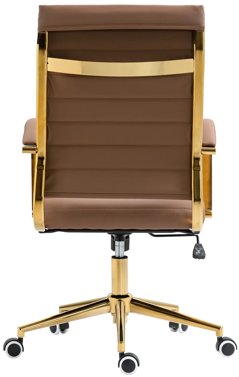Fauteuil de bureau sur roulettes avec dossier à coutures horizontales PVC marron clair et cadre métal doré 10_0006923