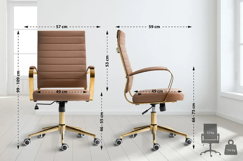 Fauteuil de bureau sur roulettes avec dossier à coutures horizontales PVC marron clair et cadre métal doré 10_0006923
