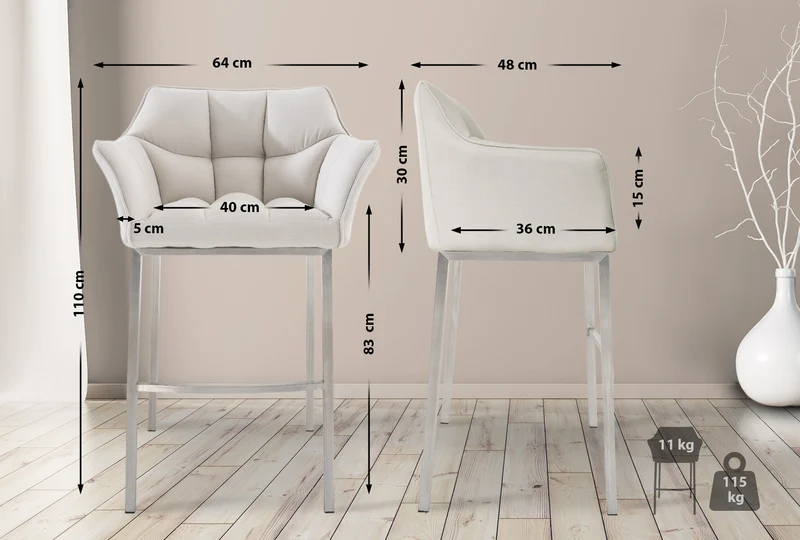 Tabouret de bar x1 assise enveloppante capitonnée en tissu blanc avec structure à 4 pieds en acier inoxydable 10_0006607