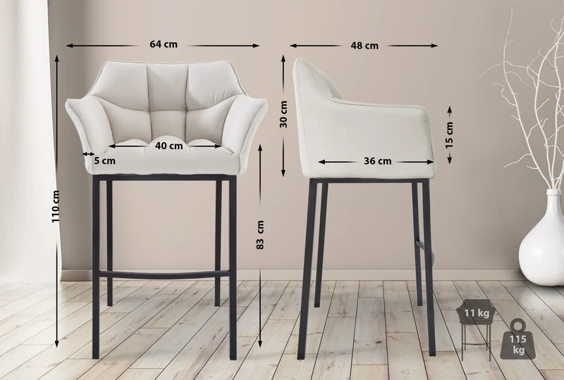 Tabouret de bar x1 assise enveloppante capitonnée en tissu blanc avec structure à 4 pieds enmétal noir 10_0006605