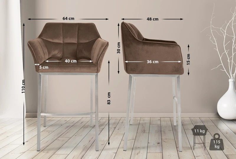 Tabouret de bar x1 assise enveloppante capitonnée en velours marron avec structure à 4 pieds en acier inoxydable 10_0006460