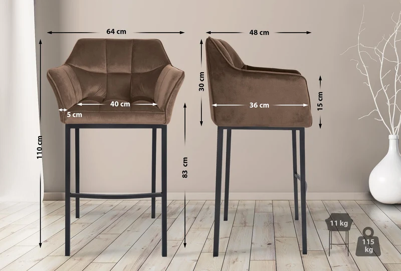 Tabouret de bar x1 assise enveloppante capitonnée en velours marron avec structure à 4 pieds en métal noir 10_0006458