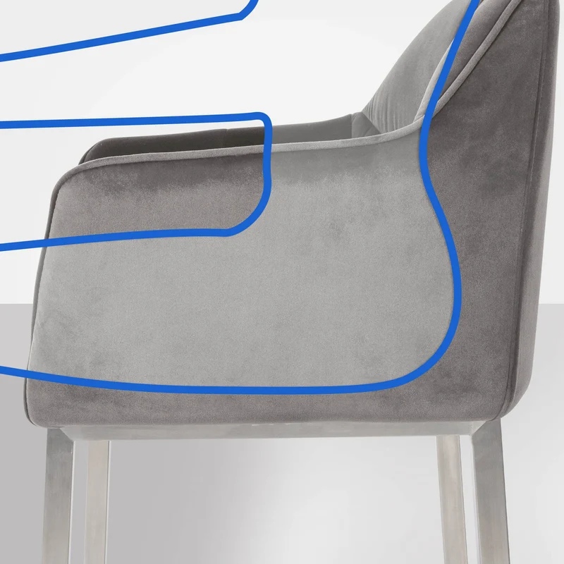 Tabouret de bar x1 assise enveloppante capitonnée en velours gris avec structure à 4 pieds en acier inoxydable 10_0006225