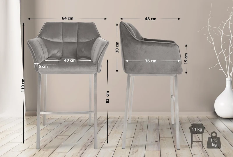 Tabouret de bar x1 assise enveloppante capitonnée en velours gris avec structure à 4 pieds en acier inoxydable 10_0006225
