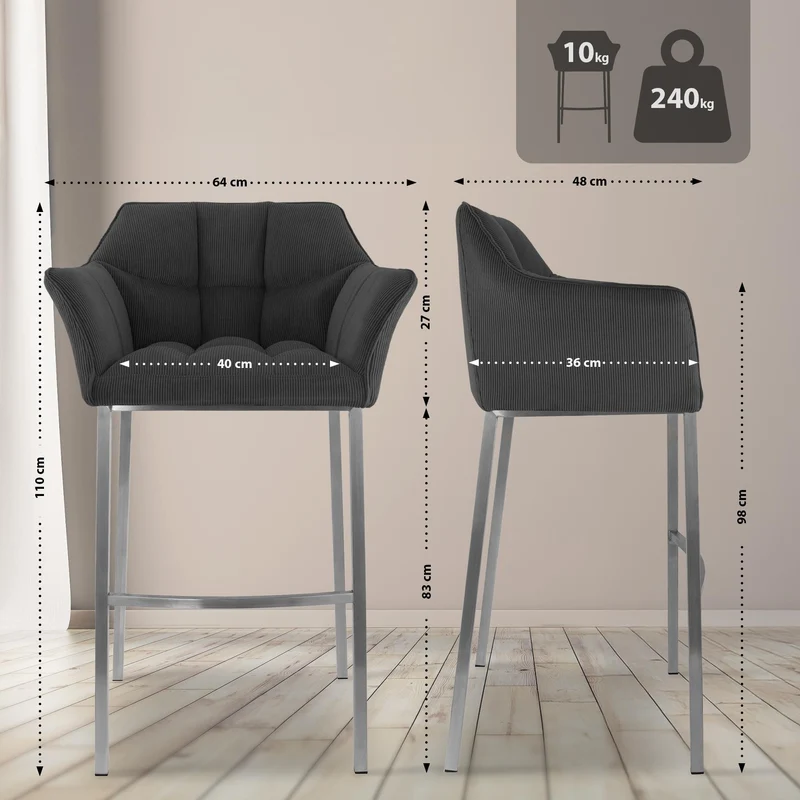 Tabouret de bar x1 assise enveloppante capitonnée en velours côtelé gris foncé avec structure à 4 pieds en acier inoxydable 10_0006223
