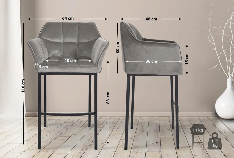 Tabouret de bar x1 assise enveloppante capitonnée en velours gris avec structure à 4 pieds en métal noir 10_0006062